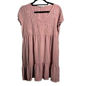 Solitaire Pink Embroidered Rayon‎ Mini Dress Short Sleeve Tiered Boho Fairy L